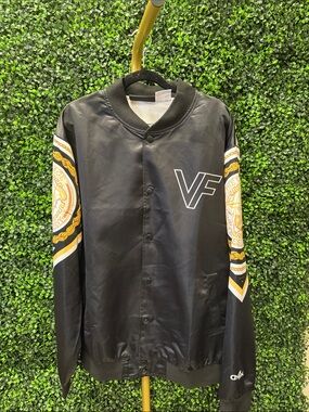 Chalk Line x Vintage Frames Black Satin Bomber Jacket with Gold Chain Print - XL